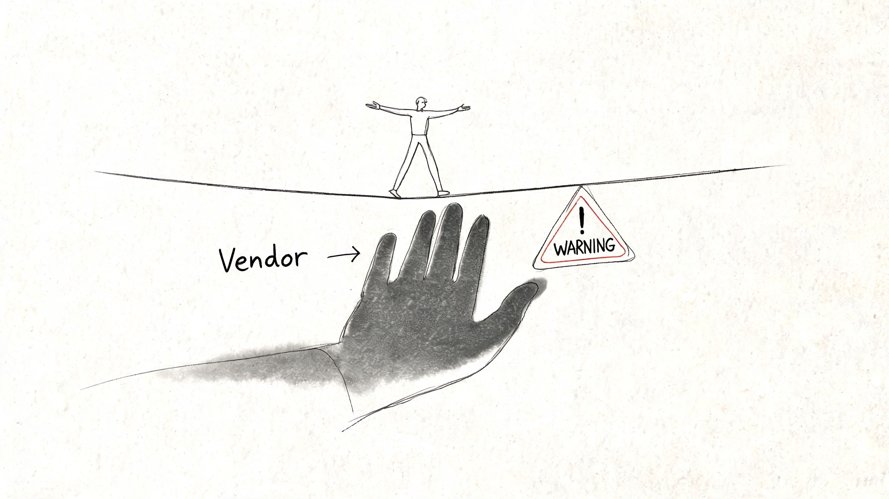 A hand representing a vendor reaches out to a person balancing on a tightrope near a warning sign.