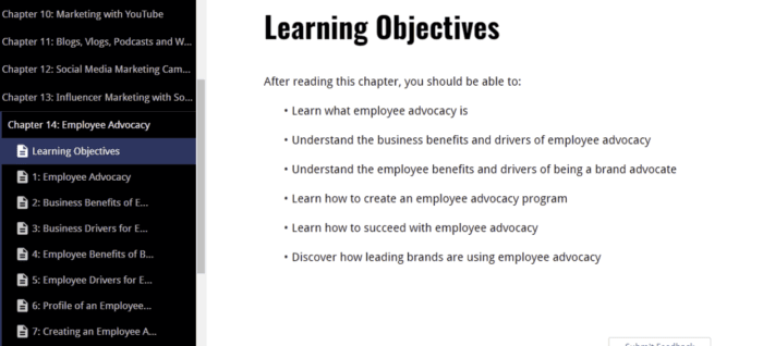 Screenshot of digital textbook showing Chapter 14: Employee Advocacy. Learning objectives include defining employee advocacy, understanding its benefits, creating a program, and learning how top brands succeed with it.