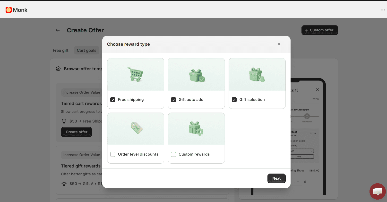Free Shipping, free gift tiered offer in Shopify using Monk