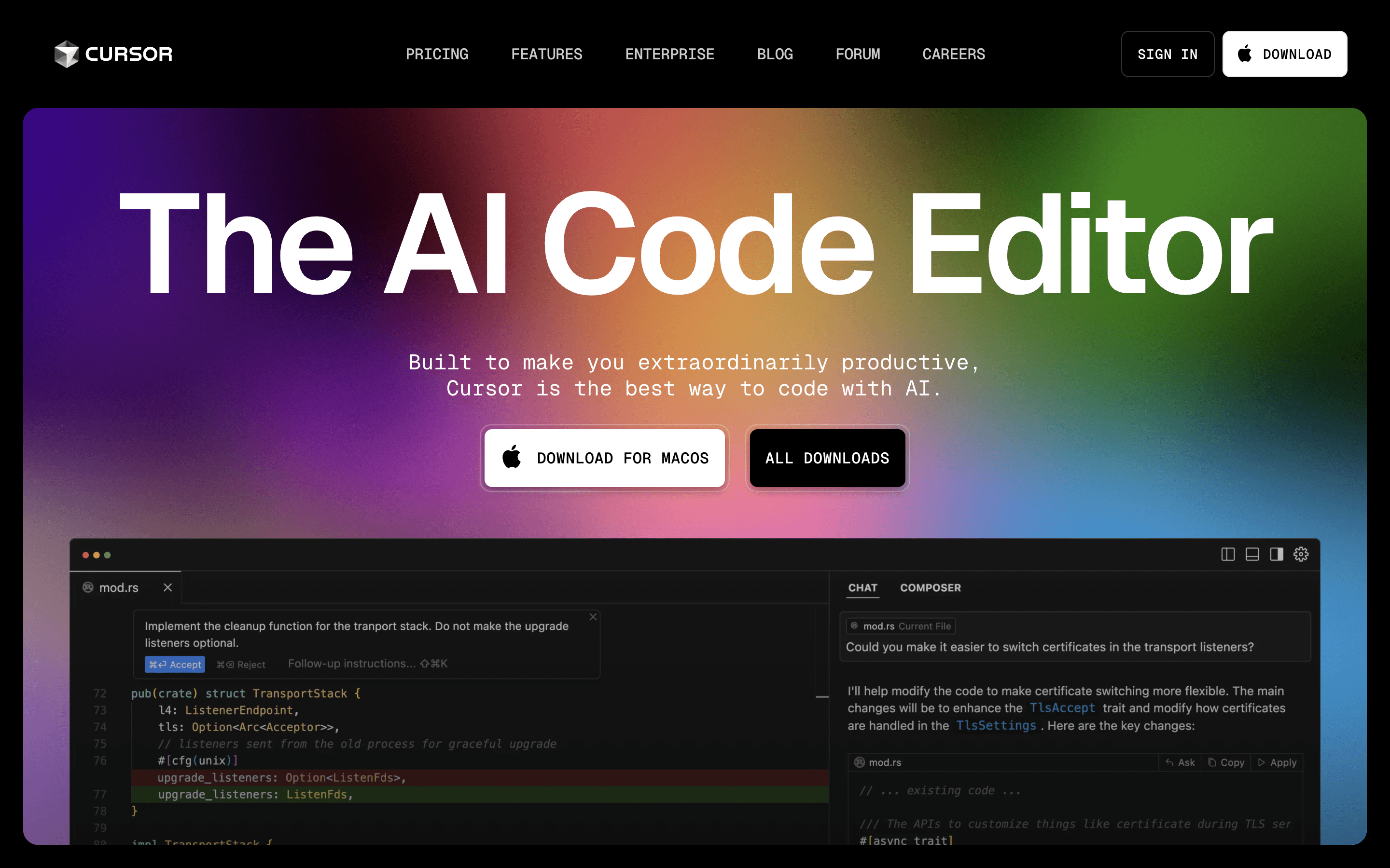 Screenshot van de Cursor AI code editor homepage