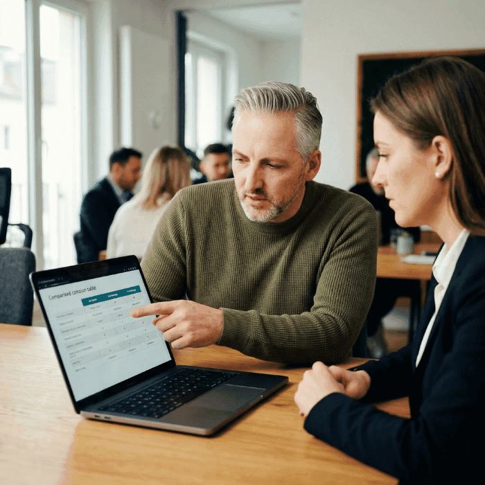 Hannes Weindorf zeigt einer HR-Leiterin den Vergleich BGM plus bKV am Laptop