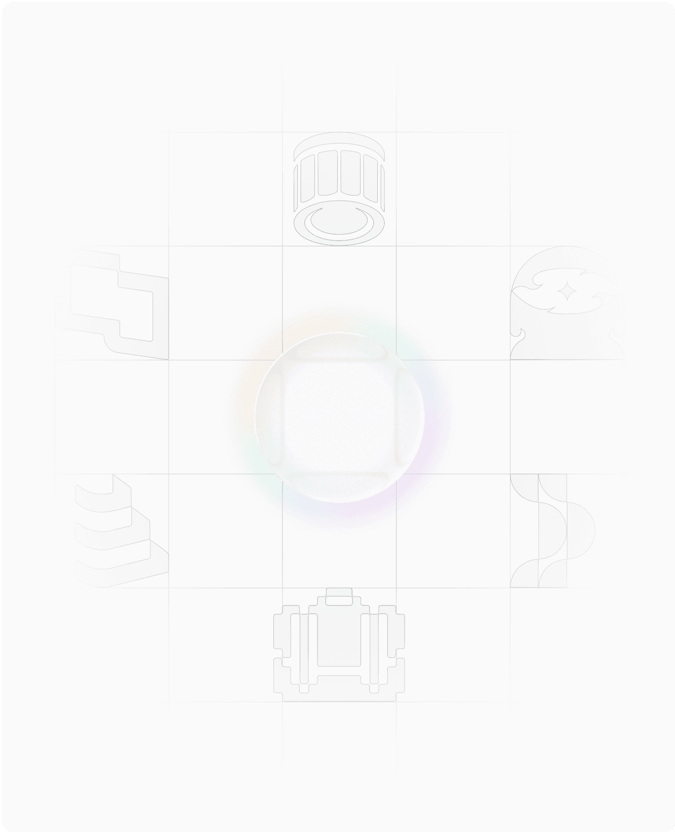 um vidro circular e com sombra colorida ao centro. Ao fundo, é possível visualizar rascunhos de logos.
