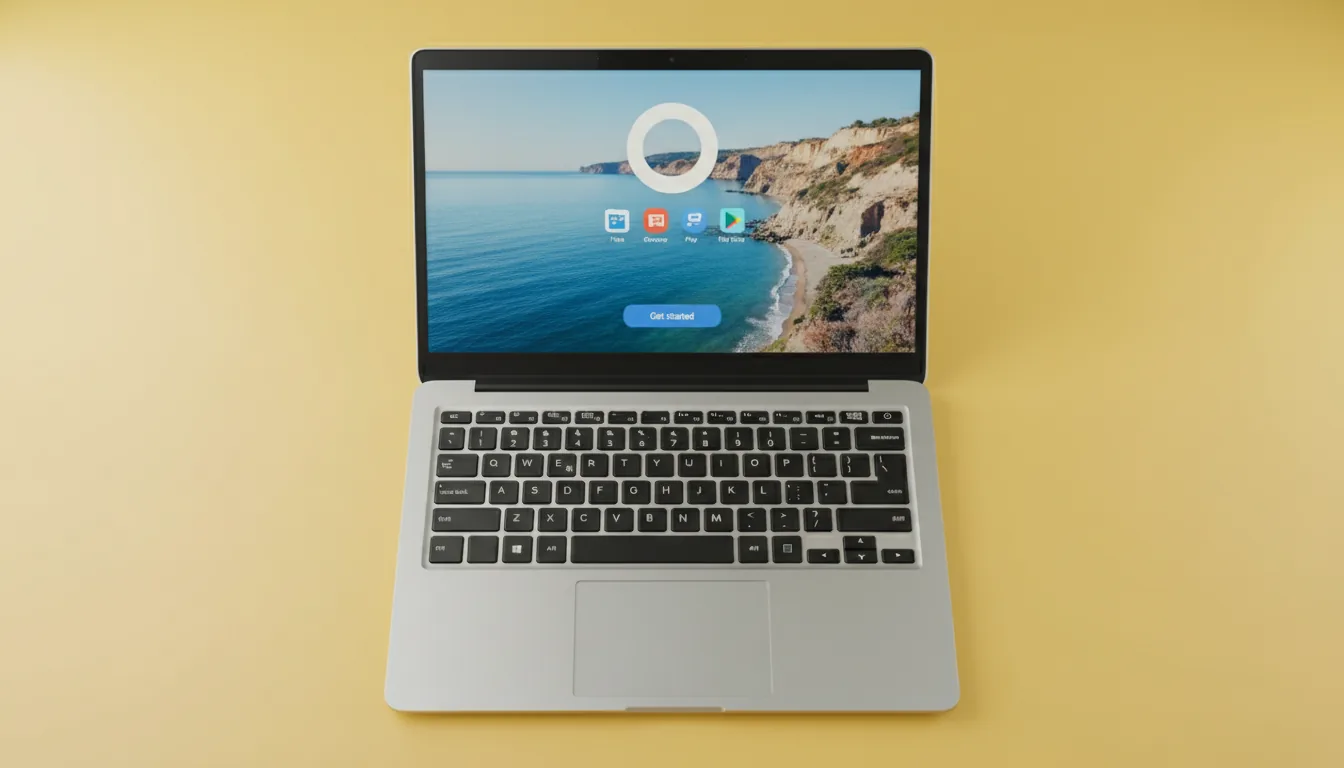 High-angle product photography of a silver Samsung Chromebook on a vibrant yellow surface, DSLR shot with soft studio lighting. The black chiclet keyboard is in sharp, detailed focus. The screen is illuminated, displaying a Chrome OS welcome screen with graphical UI elements and a coastal landscape wallpaper visible in the background.