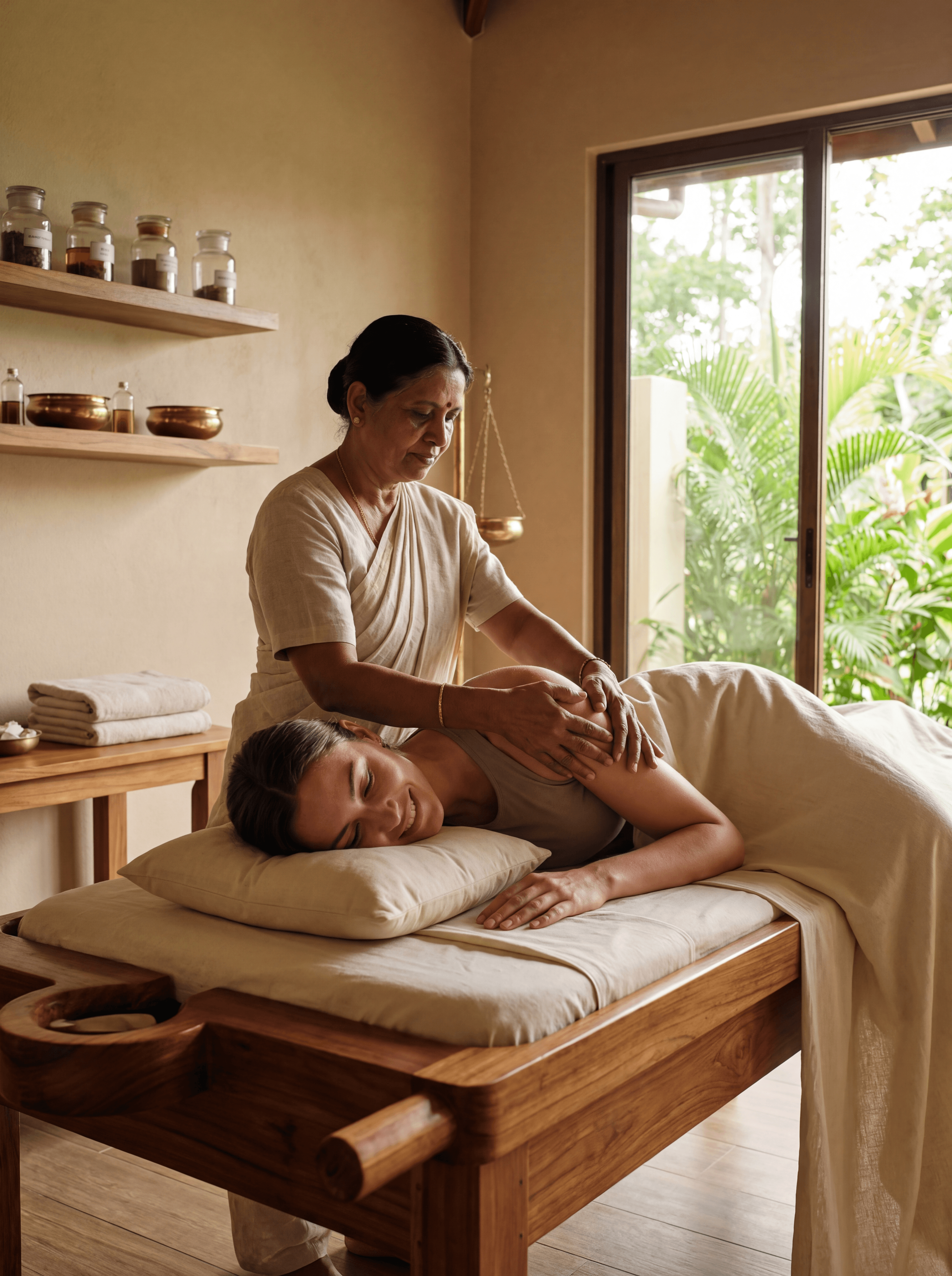 An indoor Ayurvedic orthopaedic wellness treatment at an authentic Ayurvedic resort in Panama: an Indian Ayurvedic practitioner gently assisting a guest on a traditional Indian wooden pathi, focusing on joint or spinal support. The guest appears relaxed and supported, not in pain. Warm wooden treatment room, soft natural daylight, linen fabrics, and subtle Ayurvedic elements like herbal oil bowls nearby. Emphasis on mobility, stability, and long-term musculoskeletal health. Earthy tones, warm wood textures, calm and professional atmosphere. Realistic, high-end wellness photography style.