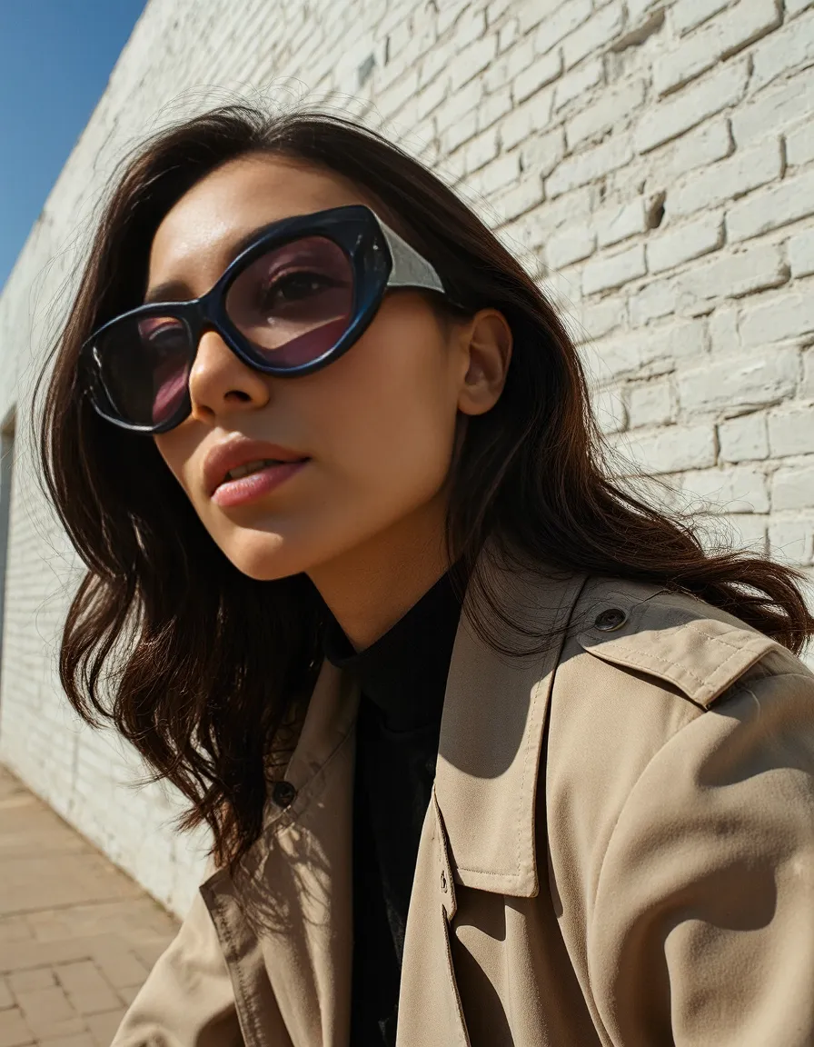 Stylish portrait featuring oversized sunglasses and beige trench coat against white brick wall in warm sunlight with urban aesthetic