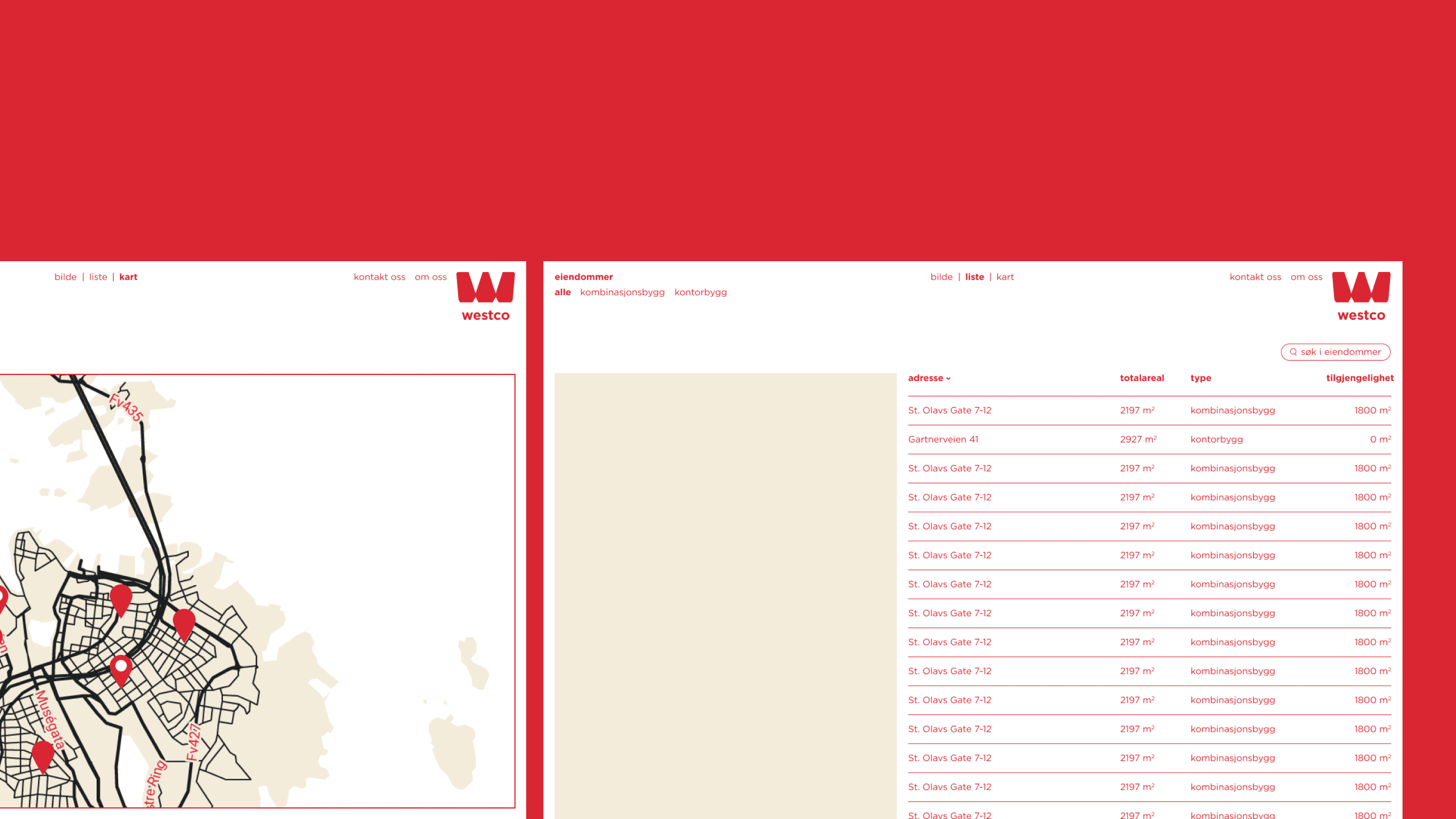 One and a half screen of the Westco Eiendom website showing the different frontpage modes: listview and map view. 