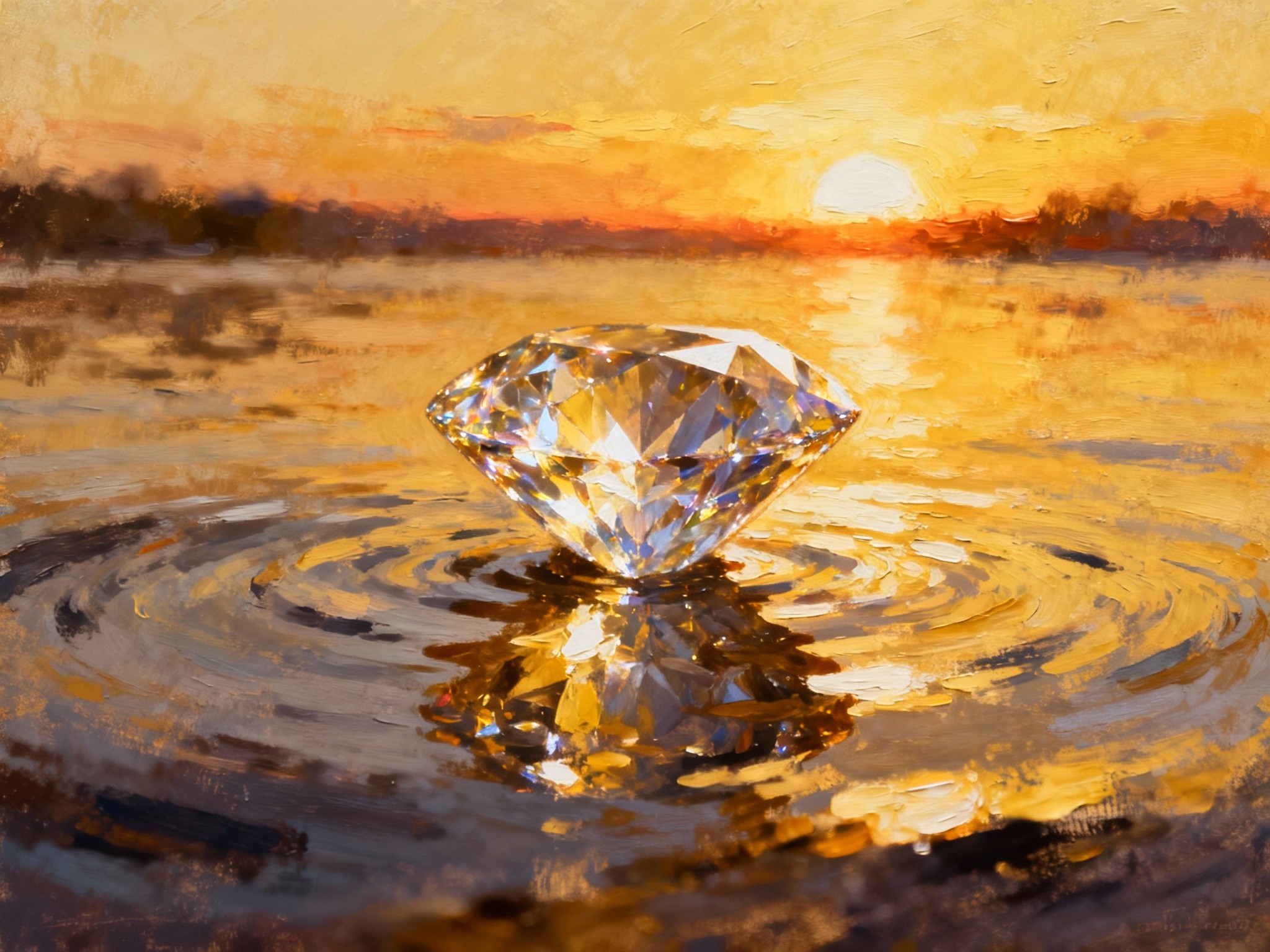 An artistic fine-art illustration depicting a radiant cut diamond sparkling atop a reflective water