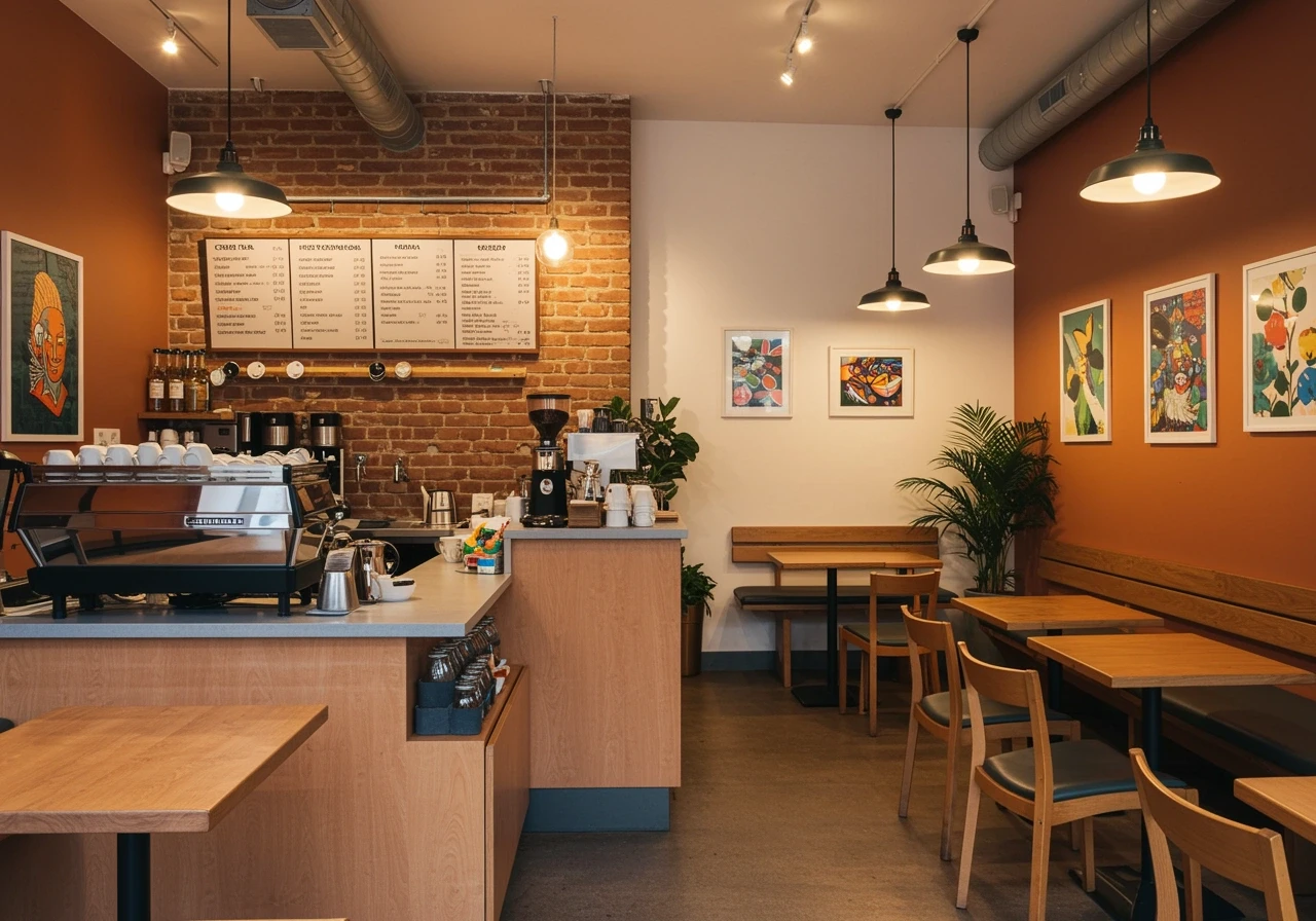 Inviting coffee shop with terracotta walls, white painted brick, and comfortable seating