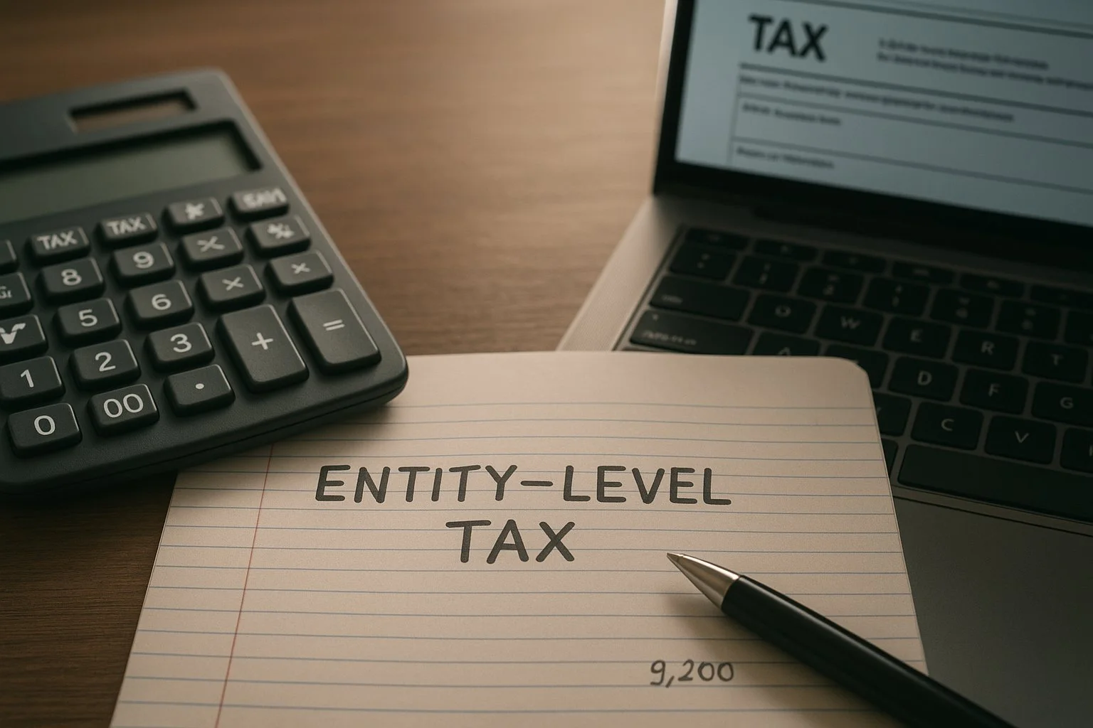 Close-up of a ledger with entity-level tax calculations, alongside a calculator, pen, and digital tax software on a desk, softly lit.