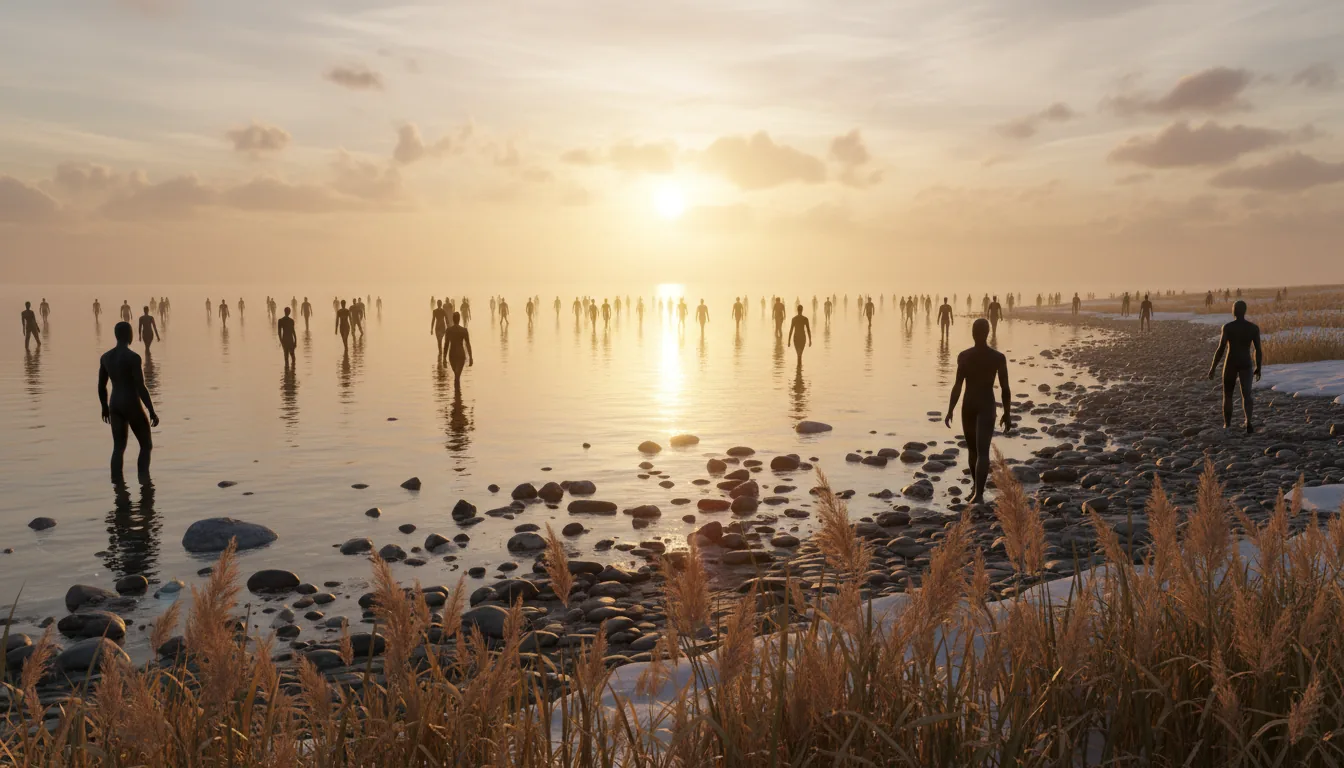 A wide-angle 3D render of a serene coastal landscape in Unreal Engine 5. The scene is set during the golden hour, with the low sun casting a warm, bright reflection across a calm body of water. A rocky shoreline covered in smooth stones and patches of snow surrounds the water. Throughout the landscape, numerous featureless, black humanoid mannequin figures are seen wading in the shallows and walking along the shore. The foreground features a low-angle view through clumps of golden, dry reeds. The lighting is characterized by soft global illumination and volumetric light, with a hazy sky filled with soft clouds.