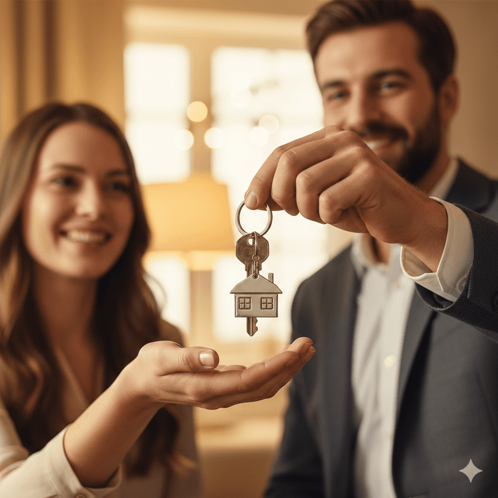 A happy couple exchanges house keys, with a focus on the keychain featuring a house symbol. They exude joy, suggesting a new home purchase.