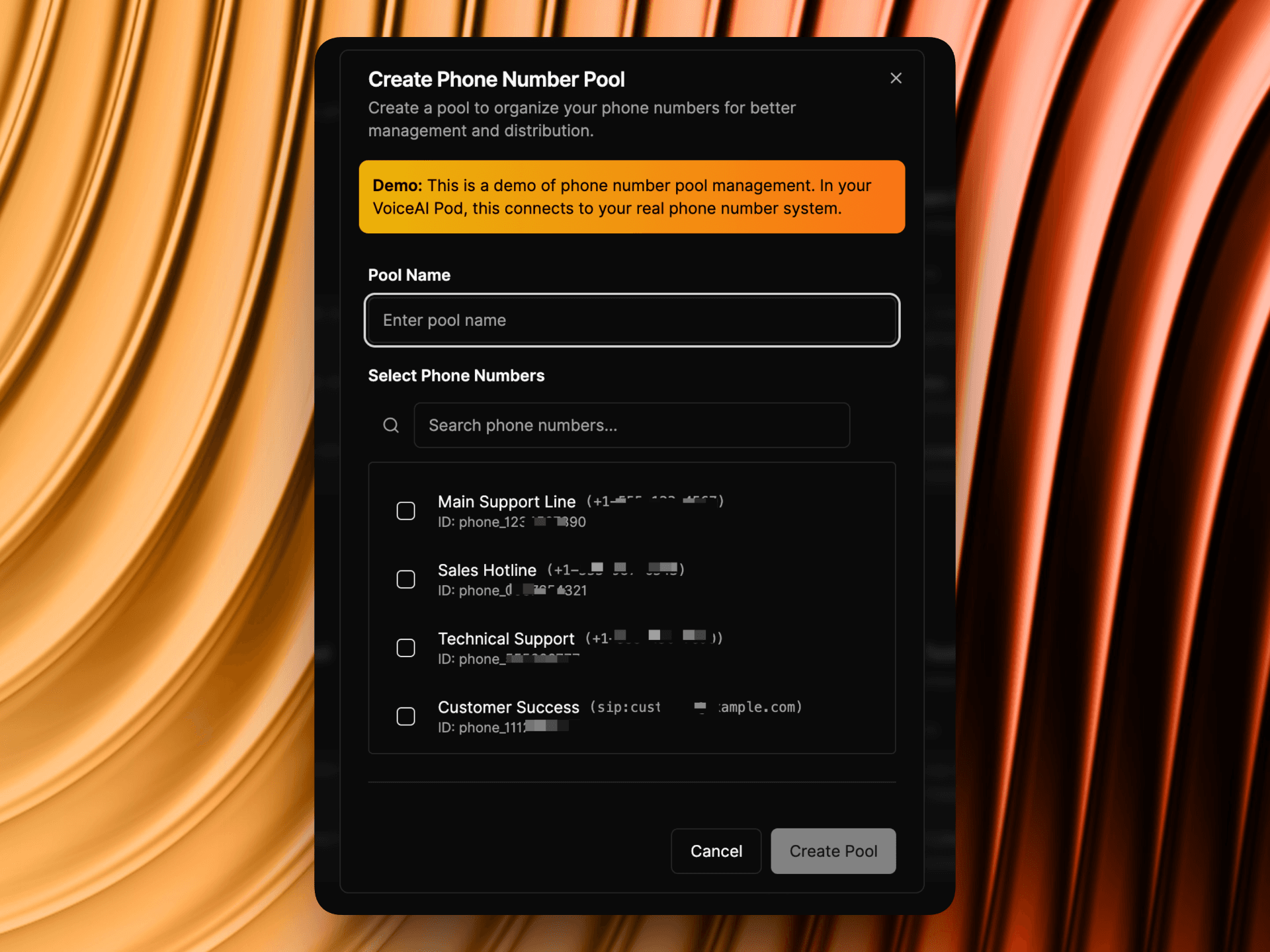 Create Phone Number Pool interface for AI outbound calling - VoiceAI Pod demo showing phone number organization system with SIP provider connections, multiple phone number selection including Main Support Line, Sales Hotline, Technical Support, and Customer Success lines for managing high volume call center operations with dedicated infrastructure | VoiceAIWrapper