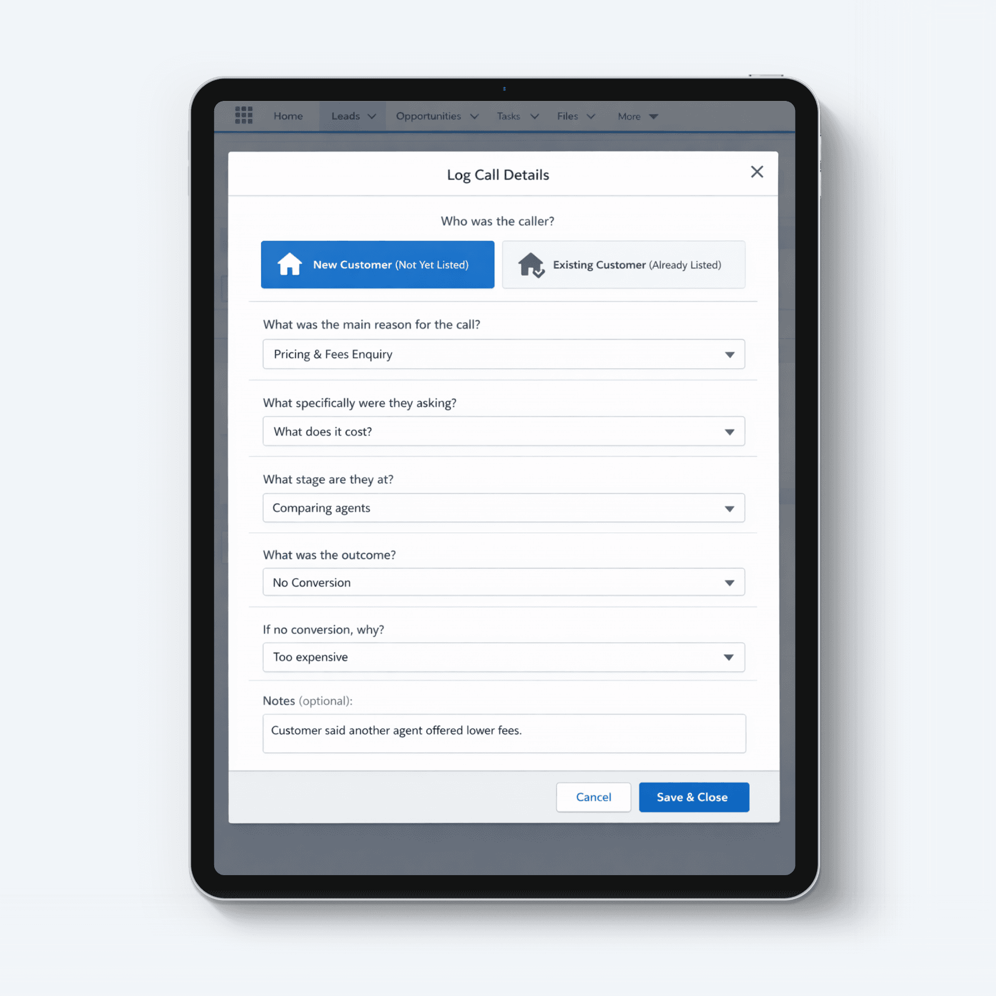 salesforce screen for tracking customer complaints