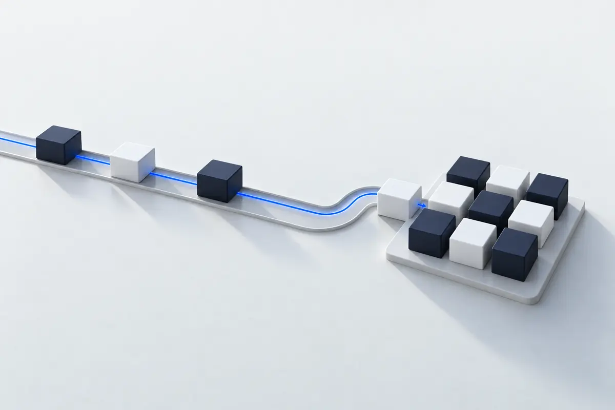 Blocks moving along a track into an organised grid