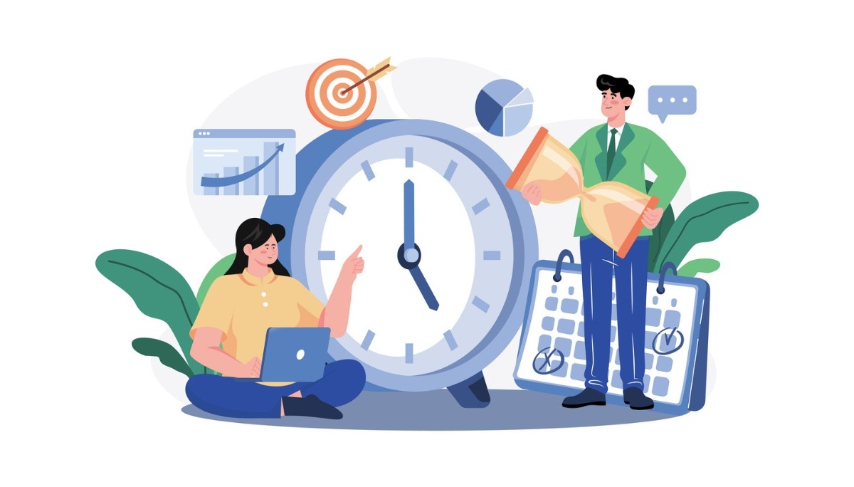 Illustration of two people adjusting interlocking gears within a circular arrow loop, surrounded by charts and checklists.