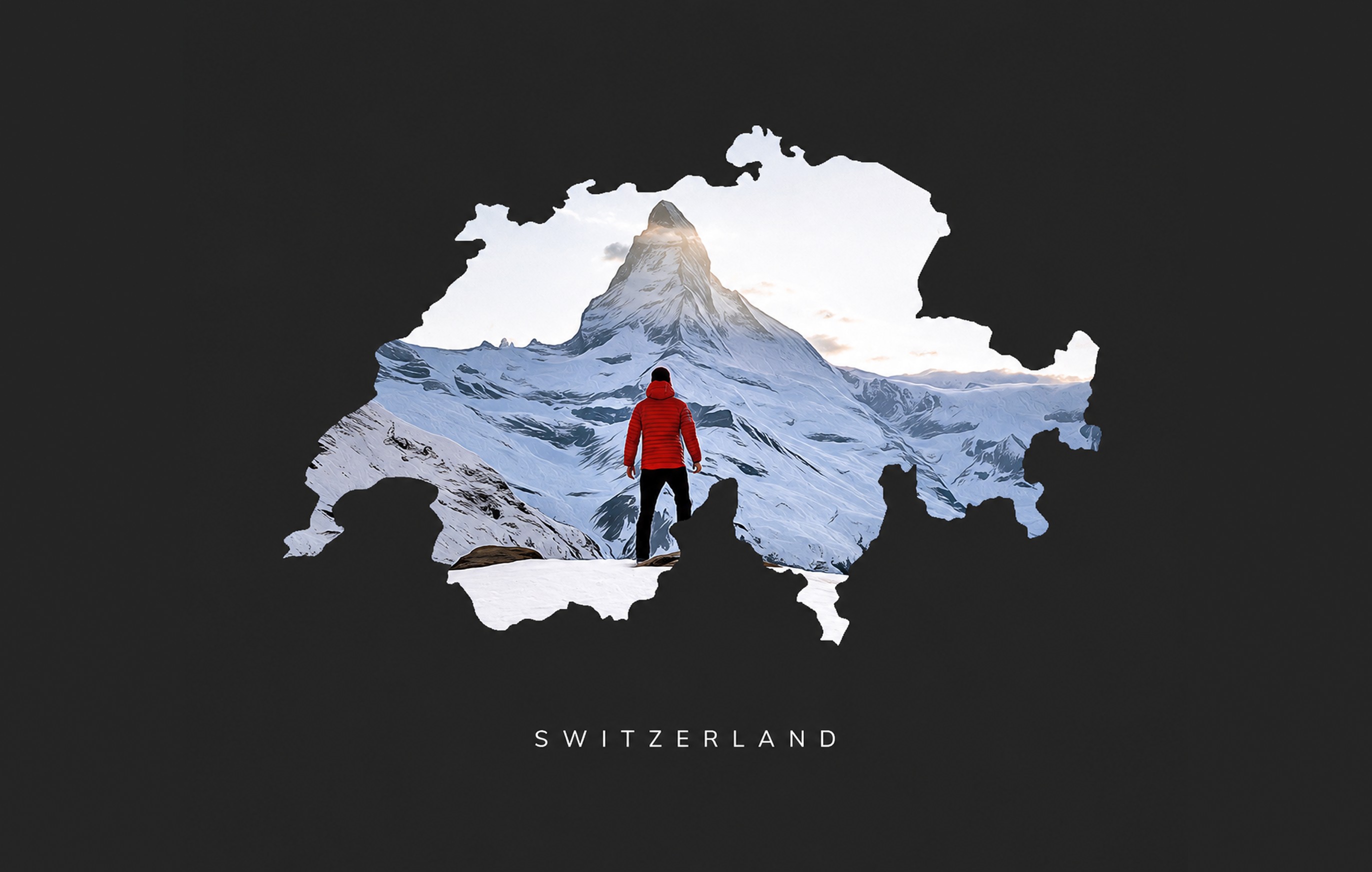 Switzerland map silhouette filled with a snowy Alpine mountain scene and hiker in a red jacket, evoking adventure against a dark background.