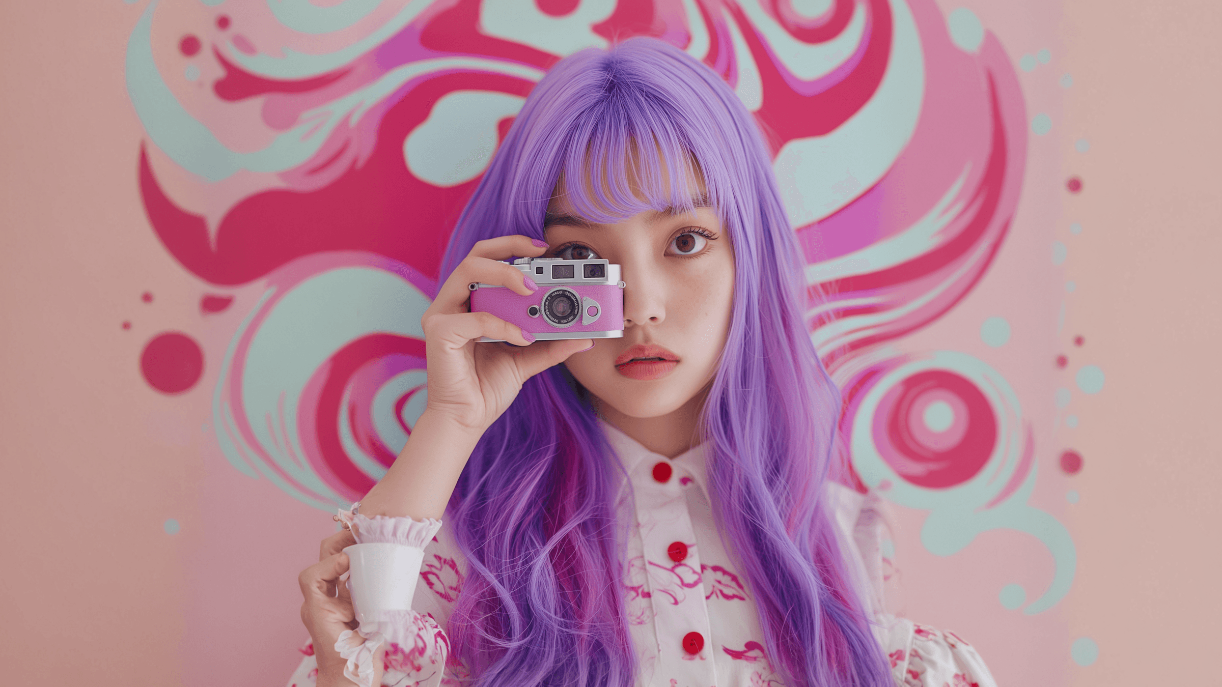 A person with long purple hair holds a camera in front of a colorful pink and red abstract background.