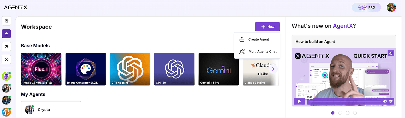 AgentX dashboard screenshot showing the “Create Agent” workflow.