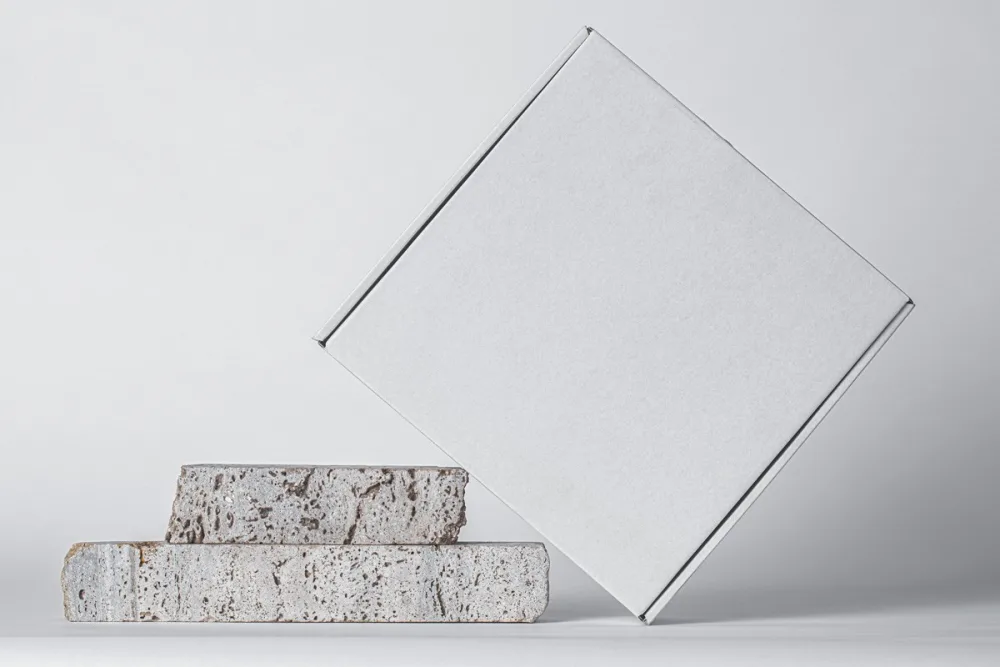 Square mailer box mockup with a sleek black design and bold white typography, balanced on stacked gray concrete bricks. Displayed against a neutral beige background with soft lighting.