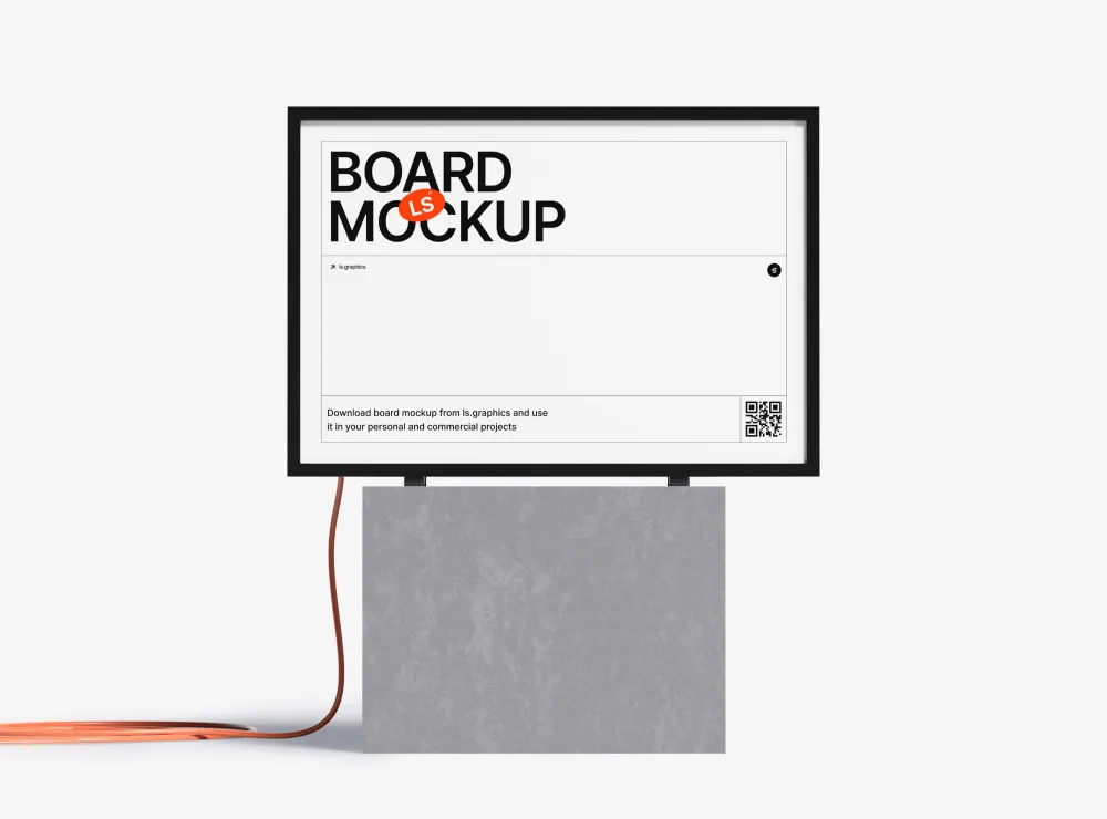 Black-framed standing board with a clean white background, supported by a gray stone base. An orange electrical cord extends from the bottom, set against a white backdrop.