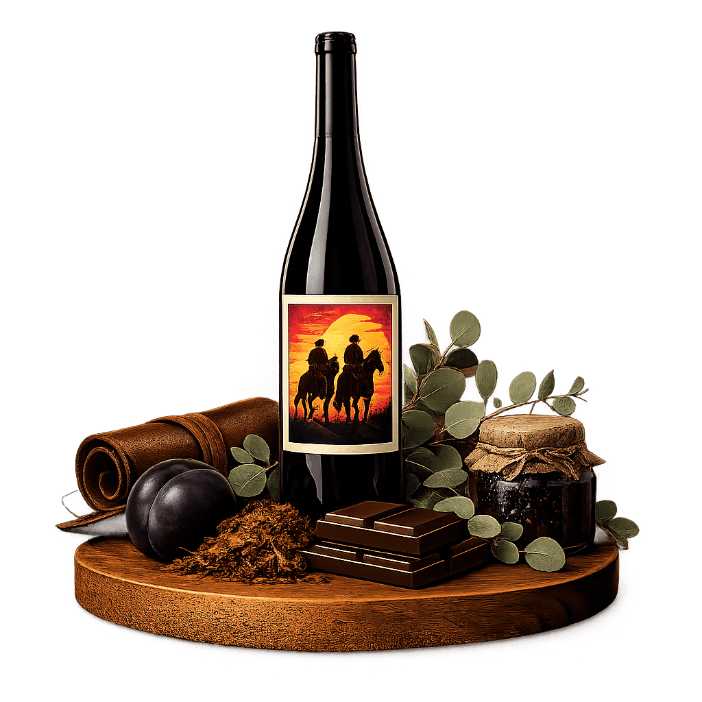 Artistic label and flavor profile for Uruguayan Red Blend on a rustic wooden table.