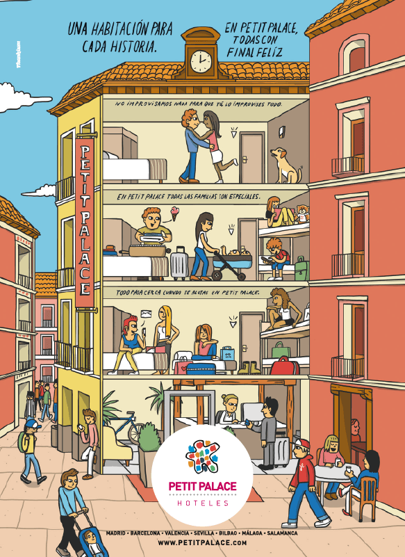 Ilustración de un hotel Petit Palace con varias plantas mostrando escenas familiares felices y actividades diversas en habitaciones, reflejando la comodidad y felicidad de la estancia.
