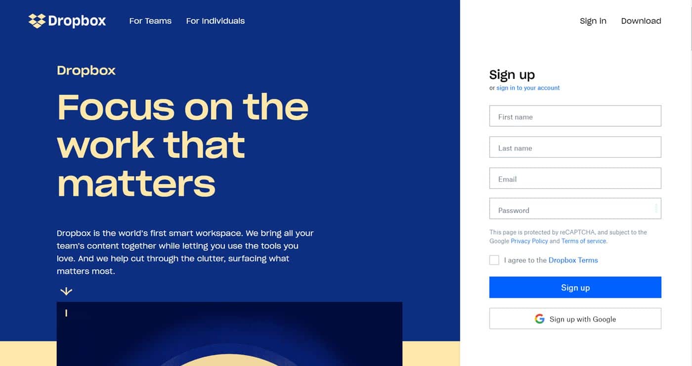 Dropbox’s landing page in a blue and white background with a bold and large font headline