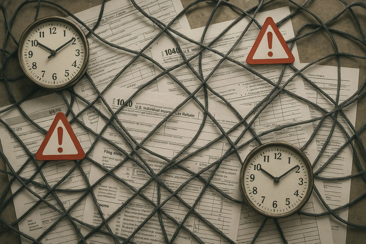 Tangled web of tax forms, clocks, and warning icons representing missed deadlines and compliance risks.