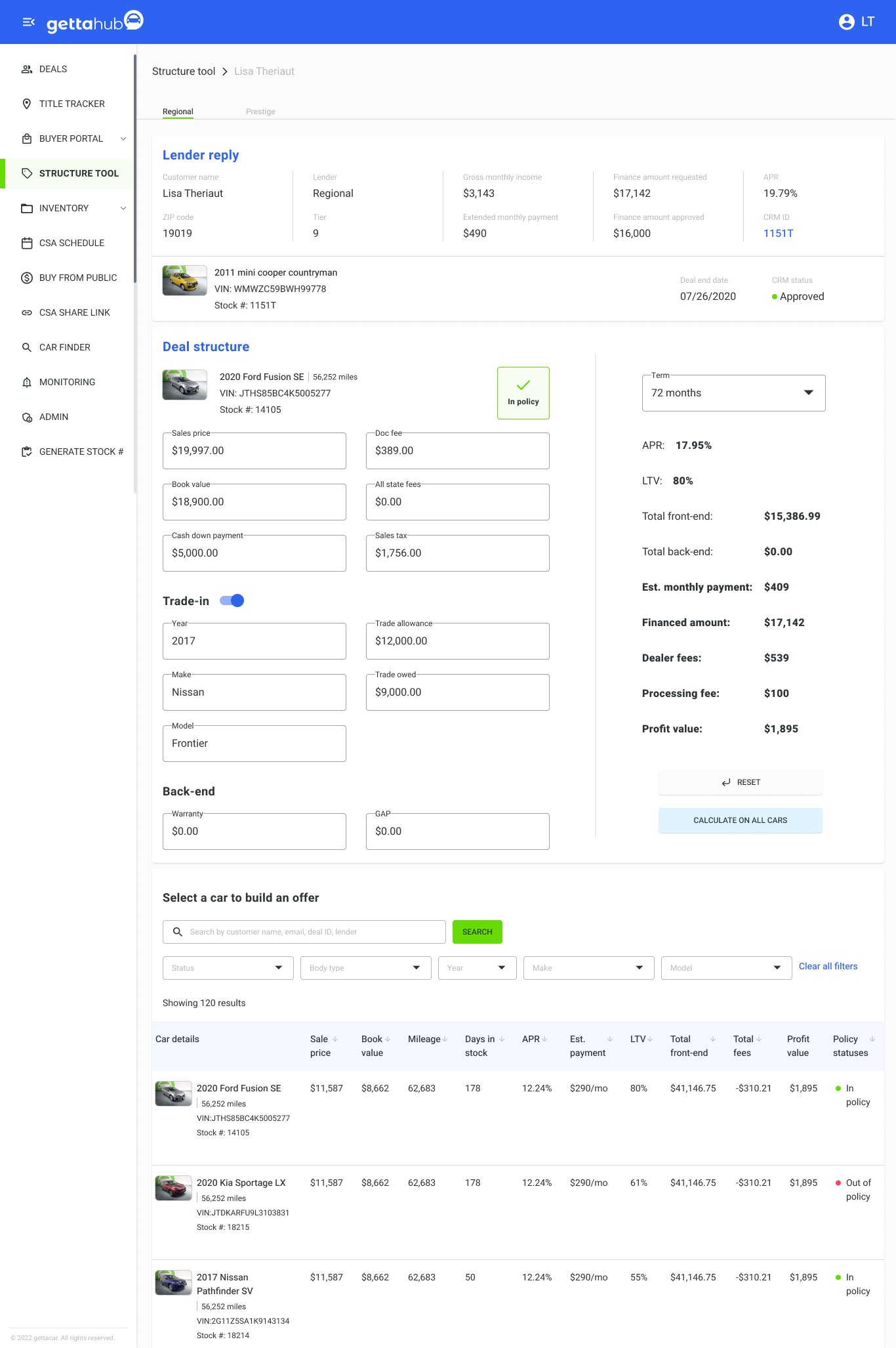 The gettahub structure tool - when the customer is approved for financing