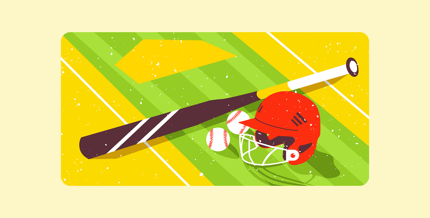 Baseball equipment: bat, helmet, and ball on a field.