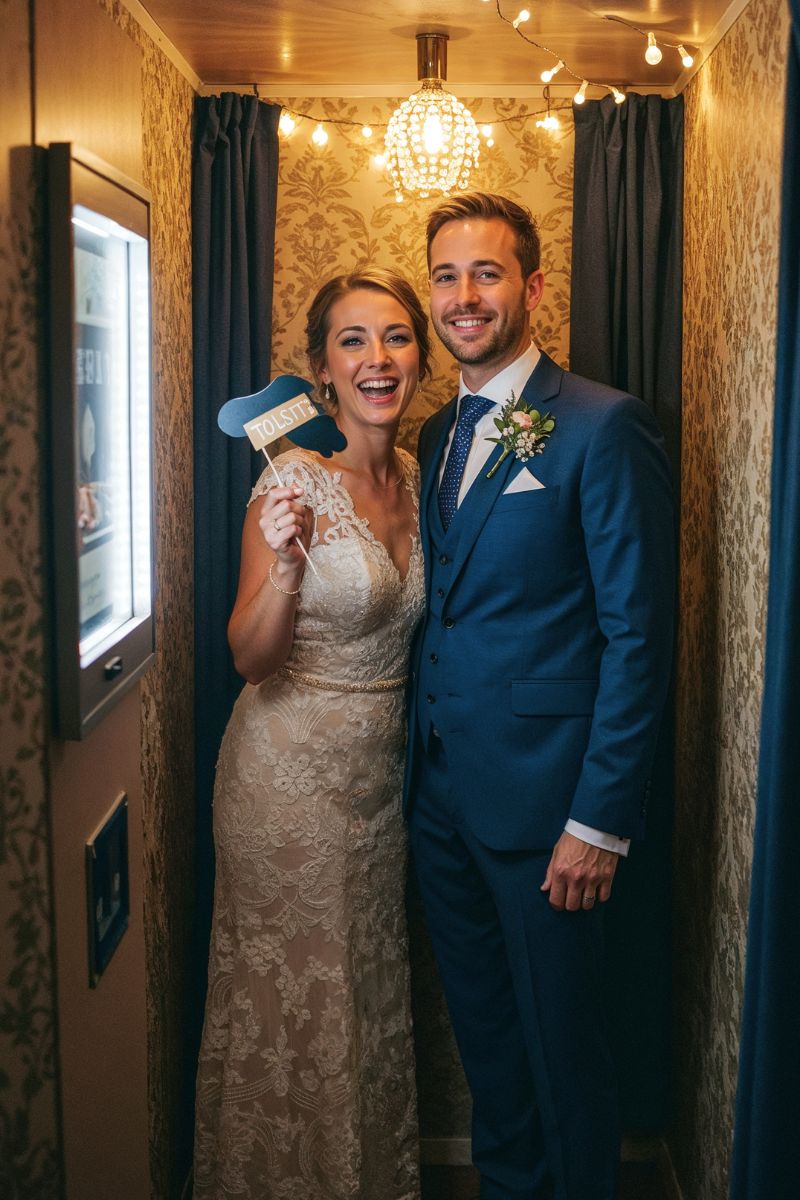 Bride and groom in a hallway style photo booth