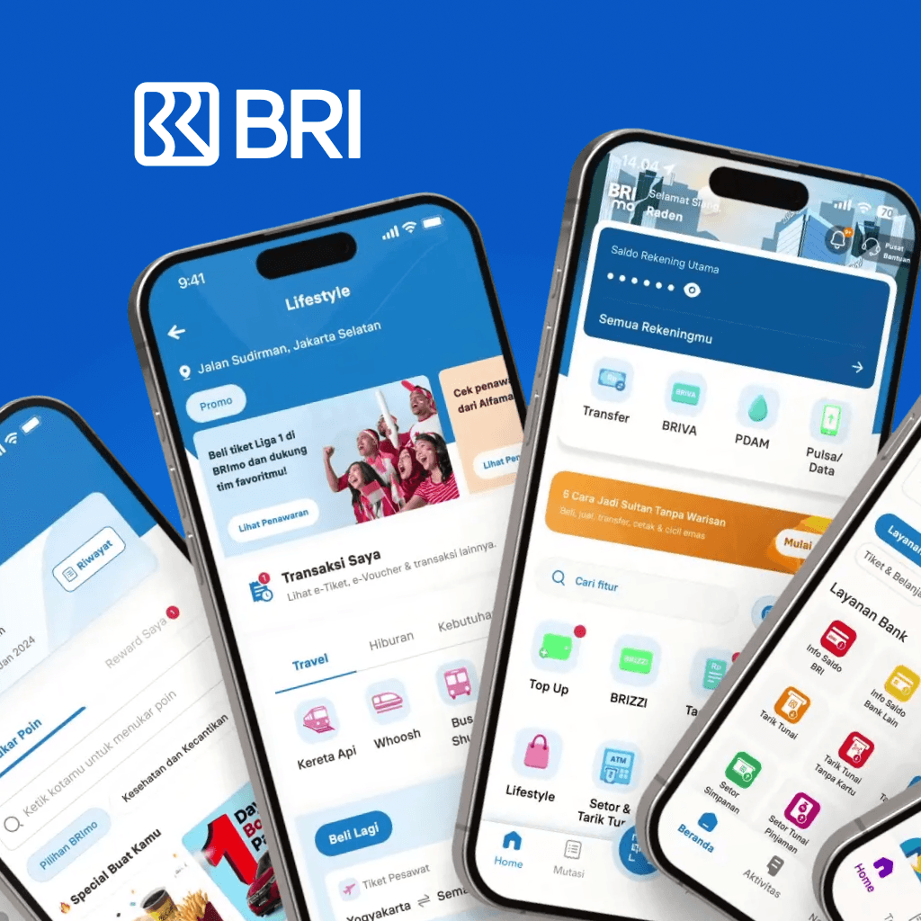 Mobile design interface for Bank BRI showing various mobile screen pages