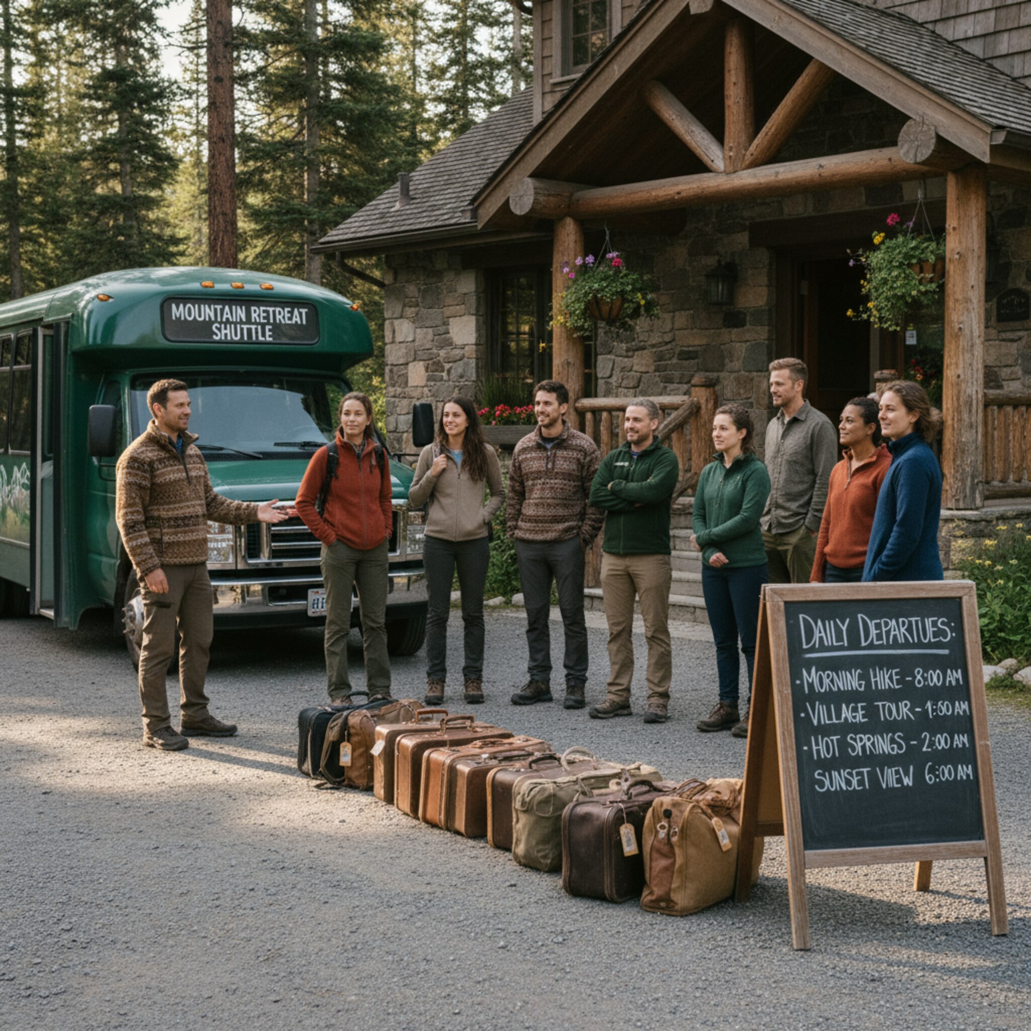 Vor einer Lodge hält ein kleiner Shuttlebus, Koffer stehen ordentlich neben dem Eingang. Ein Guide begrüßt eine Gruppe freundlich und zeigt auf eine Tafel mit Abfahrtszeiten. Die Nachmittagssonne wirft lange Schatten auf den Kiesweg. Die Szene wirkt gut organisiert, ruhig und gelassen.