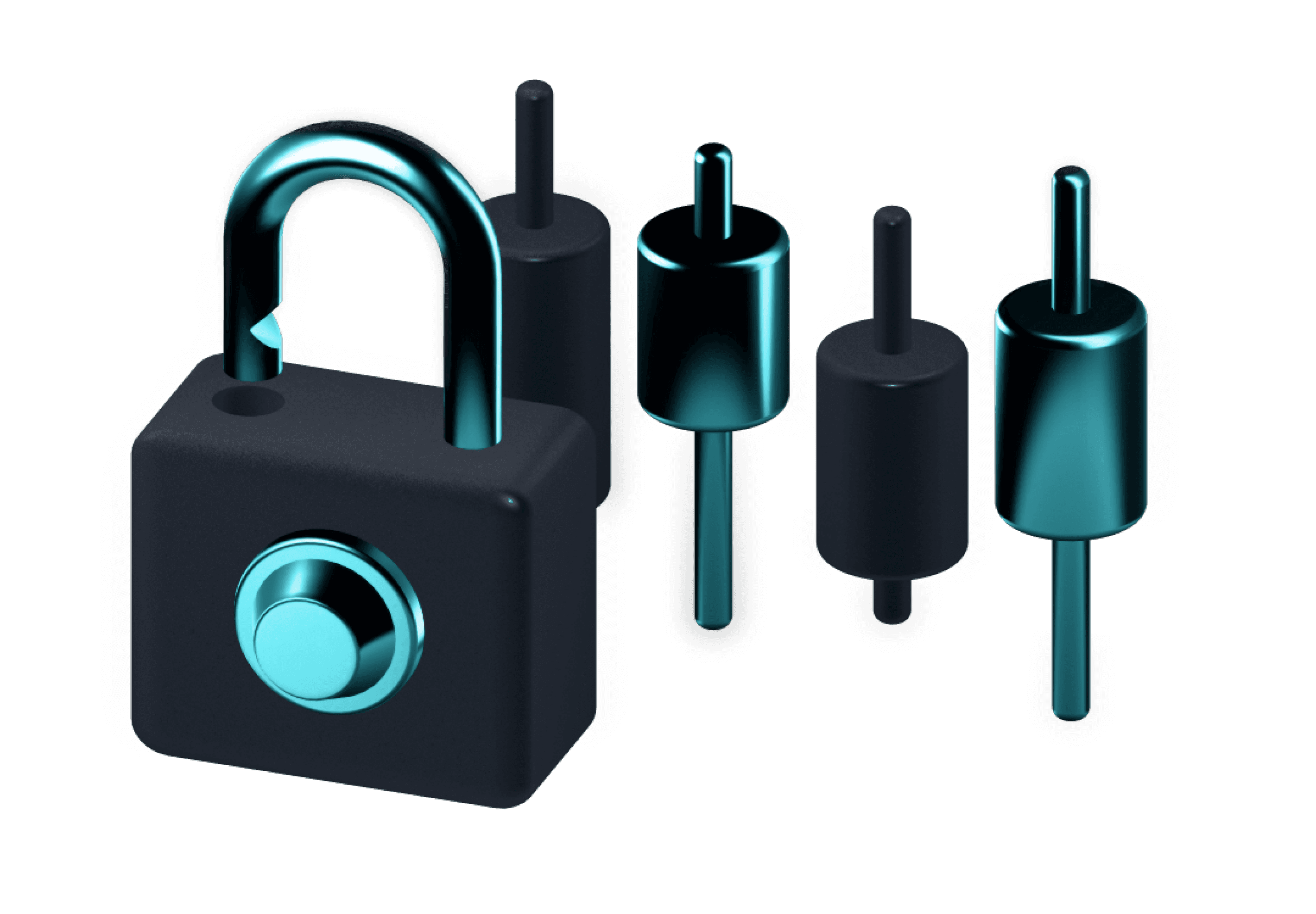 A black padlock with a circular keyhole next to several keys of various lengths and shapes.