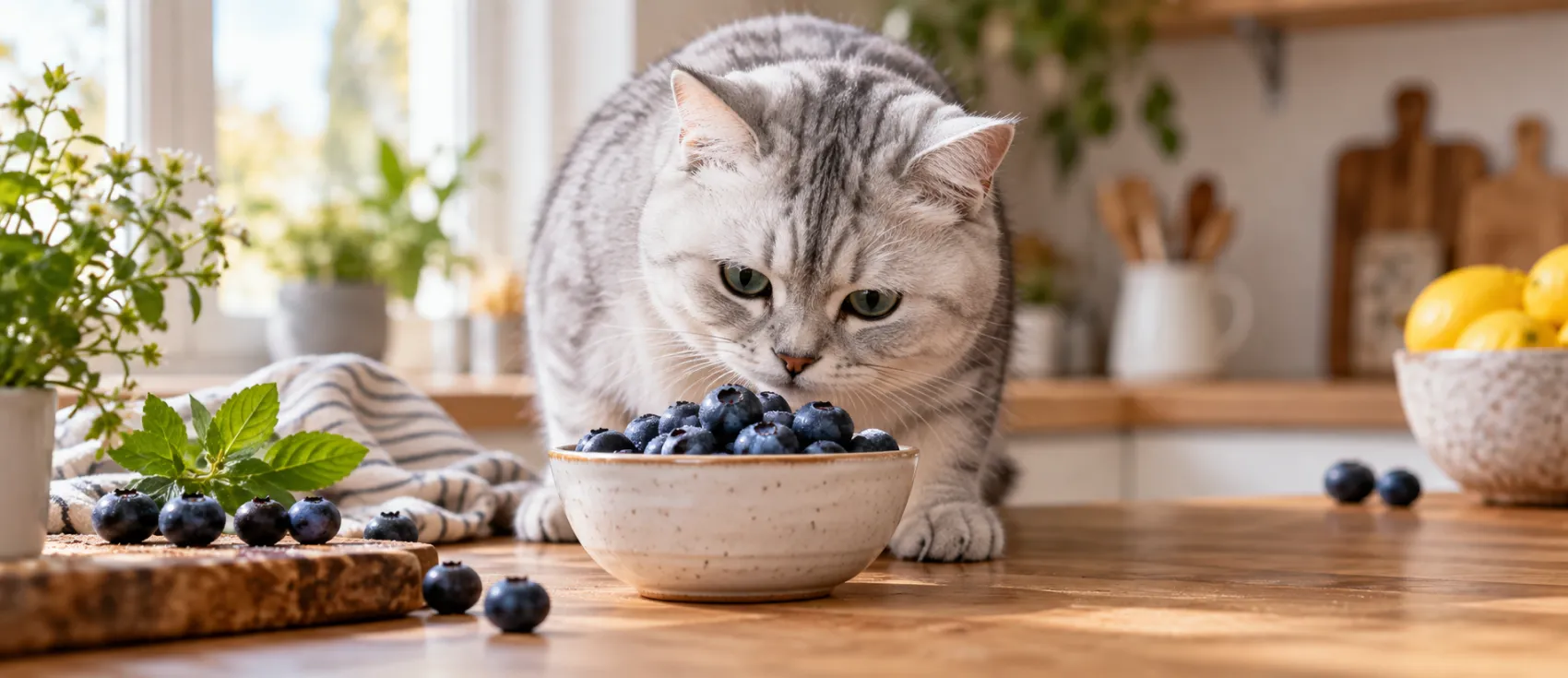 A grey tabby cat noses a bowl of blueberries on a kitchen counter.