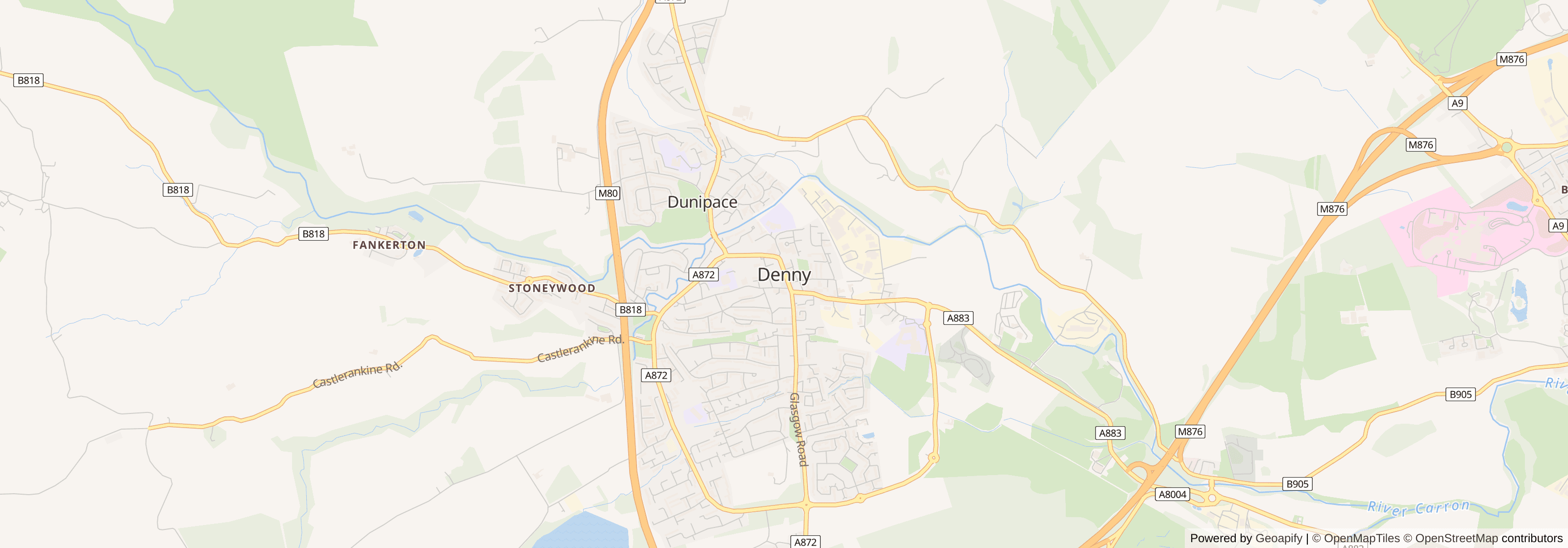 Street map of Denny, Falkirk showing main roads and nearby areas