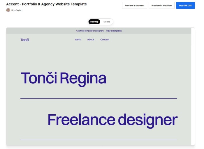 Página de la plantilla Accent con el nombre Tonci Regina y el texto Freelance designer en tipografía índigo sobre fondo gris claro