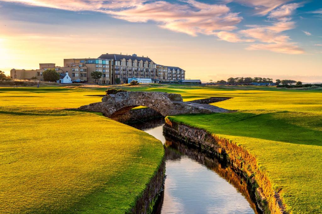 Swilican Bridge in St Andrews with the famous Old Course Hotel in the background