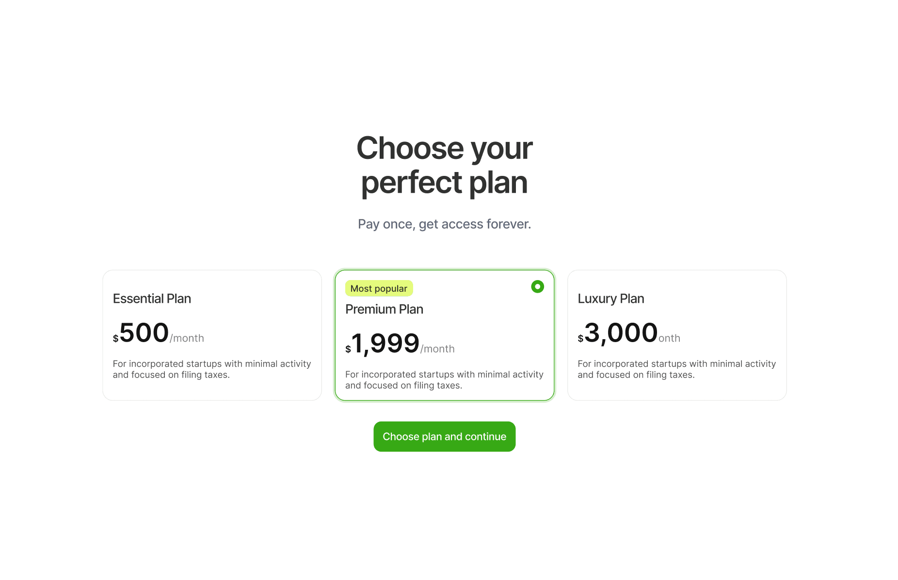 Pricing package minimal saas