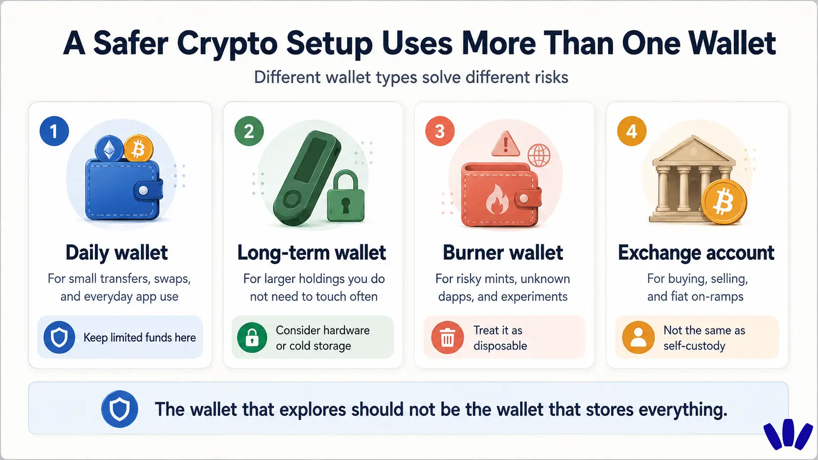 Infographic explaining how daily wallets, long-term wallets, burner wallets, and exchange accounts reduce crypto security risk