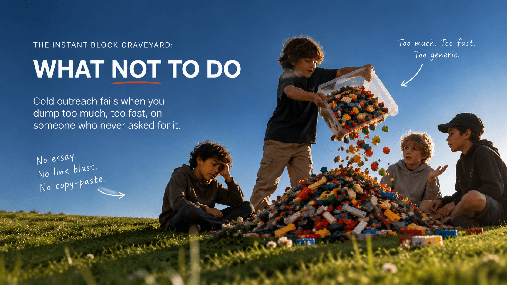 A child dumping too many building blocks at once, illustrating spammy outreach mistakes