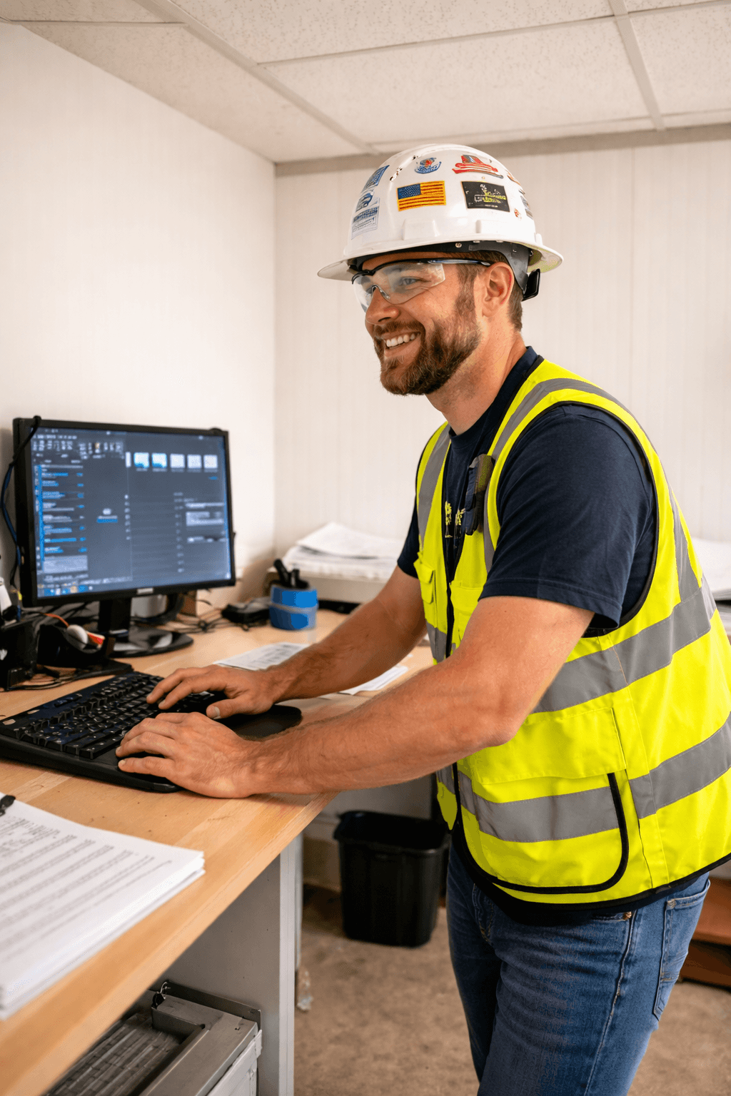 Construction worker wearing a hard hat and safety vest smiling while using a computer at a job site office, reviewing documents and managing work digitally.