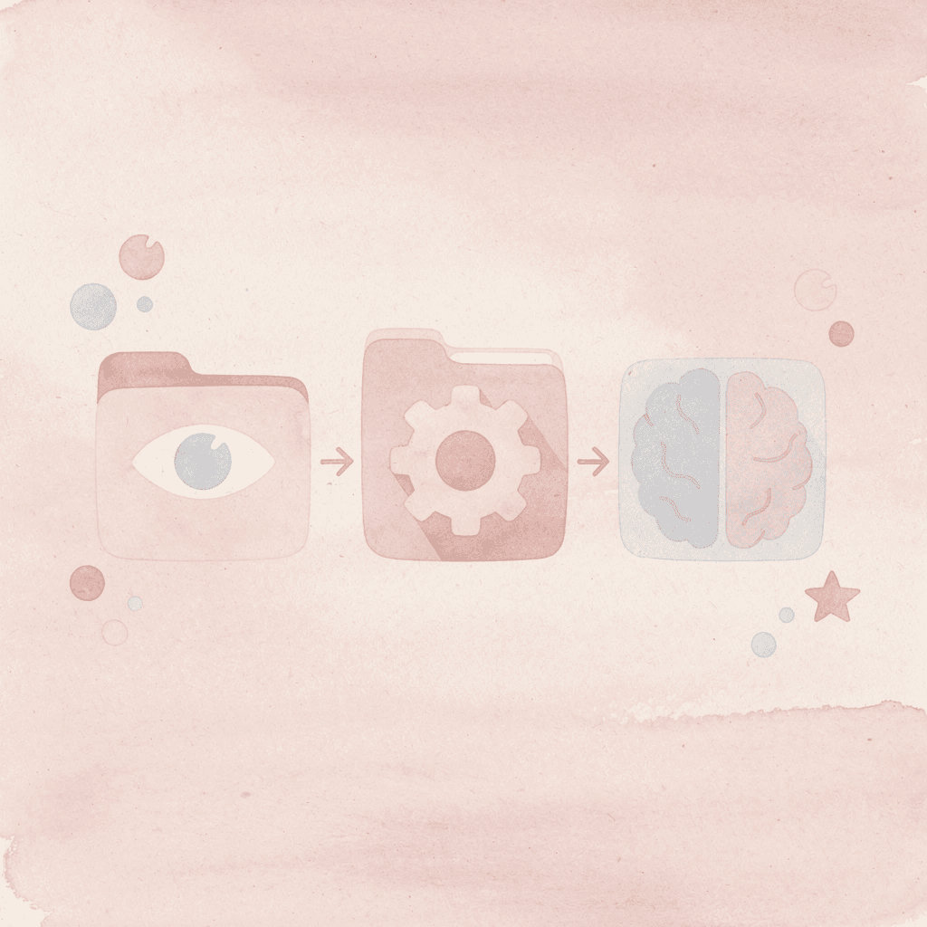 Three icons showing the sequence of consuming, organizing, and processing information