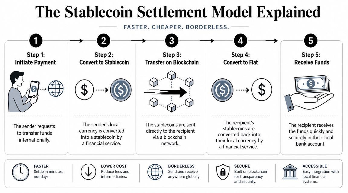 A five-step infographic explaining the process of international money transfers using stablecoin blockchain technology.