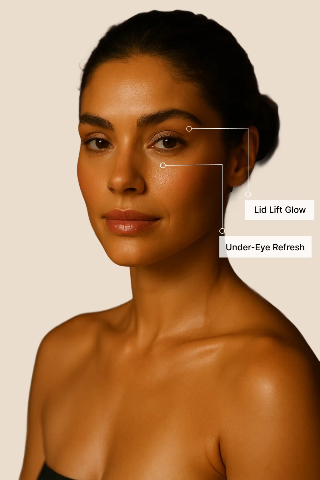 Close-up of a woman’s face highlighting treatment areas for a Lid Lift Glow and Under-Eye Refresh