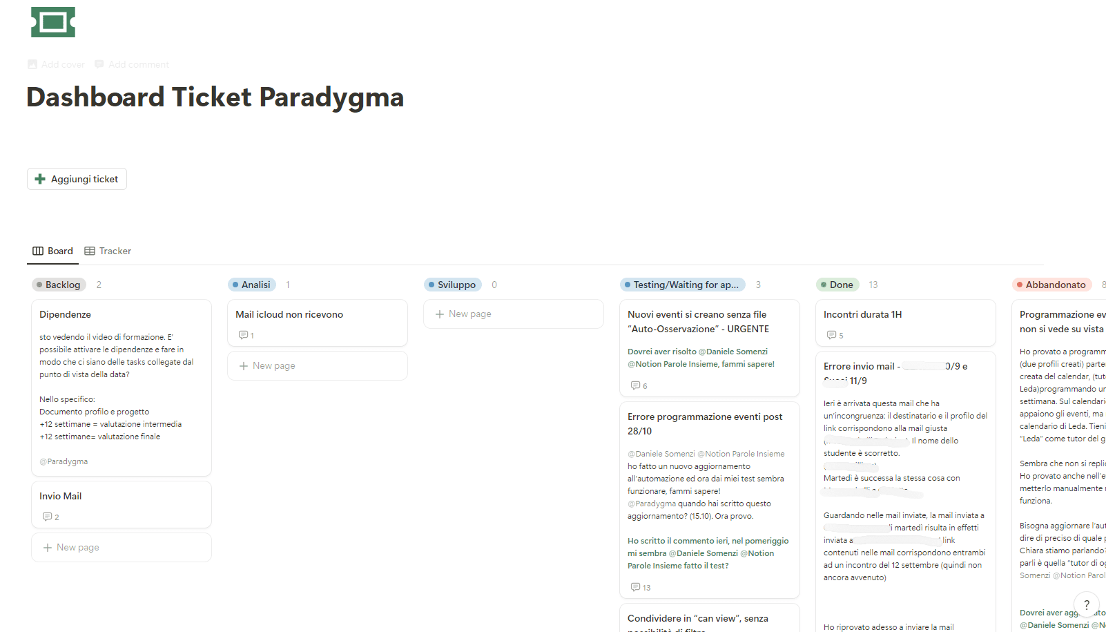 Dashboard di ticketing utilizzata con Parole Insieme