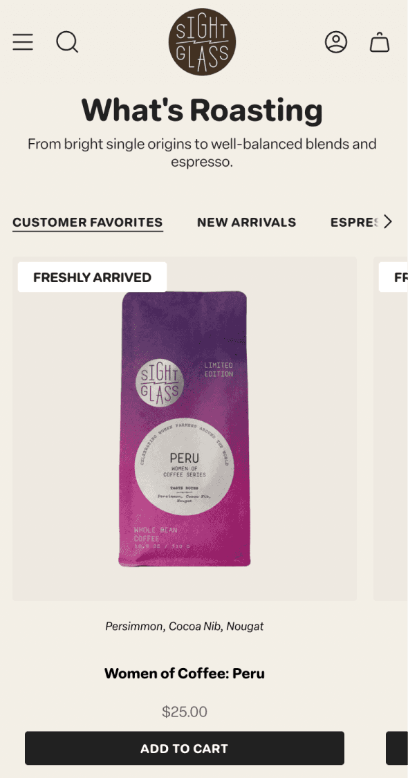 Mobile Shopify product page for Sightglass Coffee highlighting current roasting selection