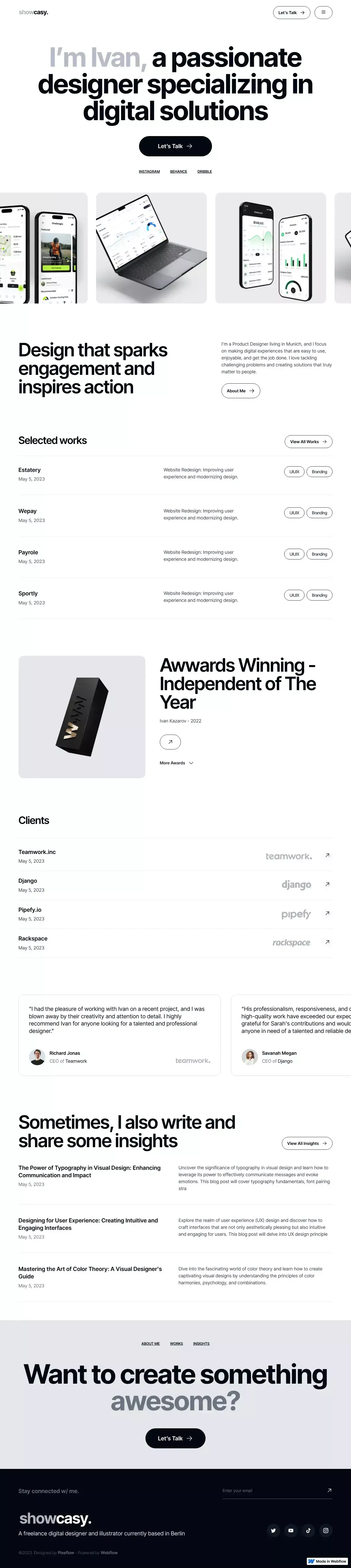 Showcasy - Webflow HTML Website Template portfolio page screenshot showcasing Design and Tech design
