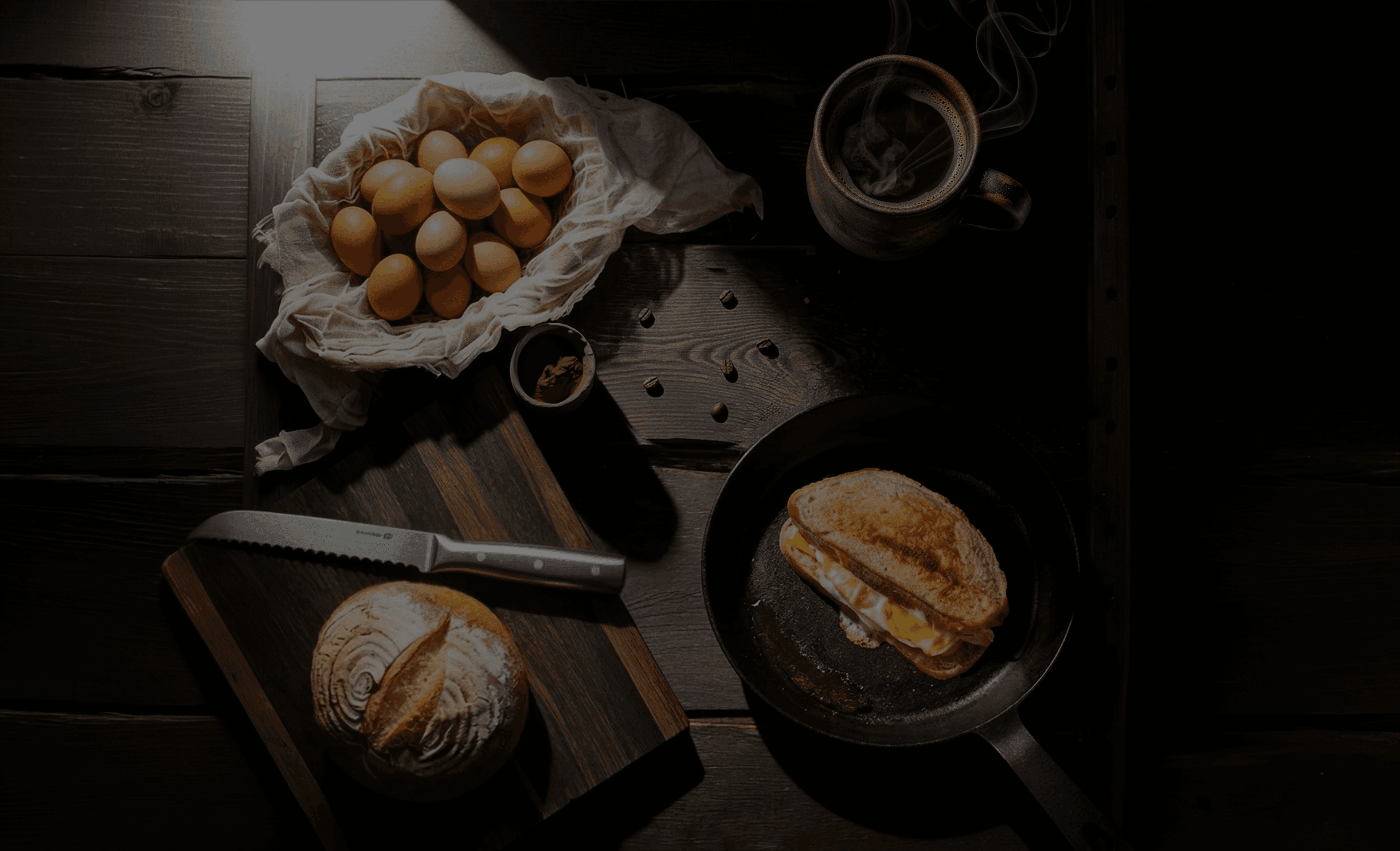 Farm-fresh organic eggs in basket with coffee, sourdough bread breakfast sandwich and rustic kitchen tools