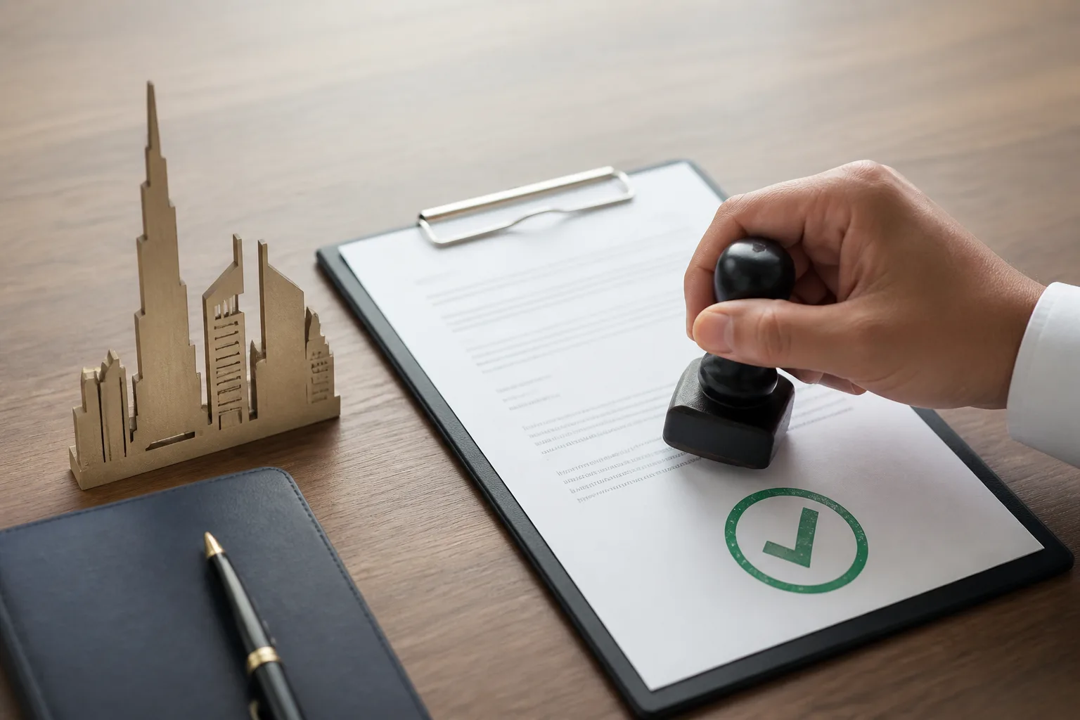 External Approval for Dubai Business License beside a Dubai trade license document and a modern
